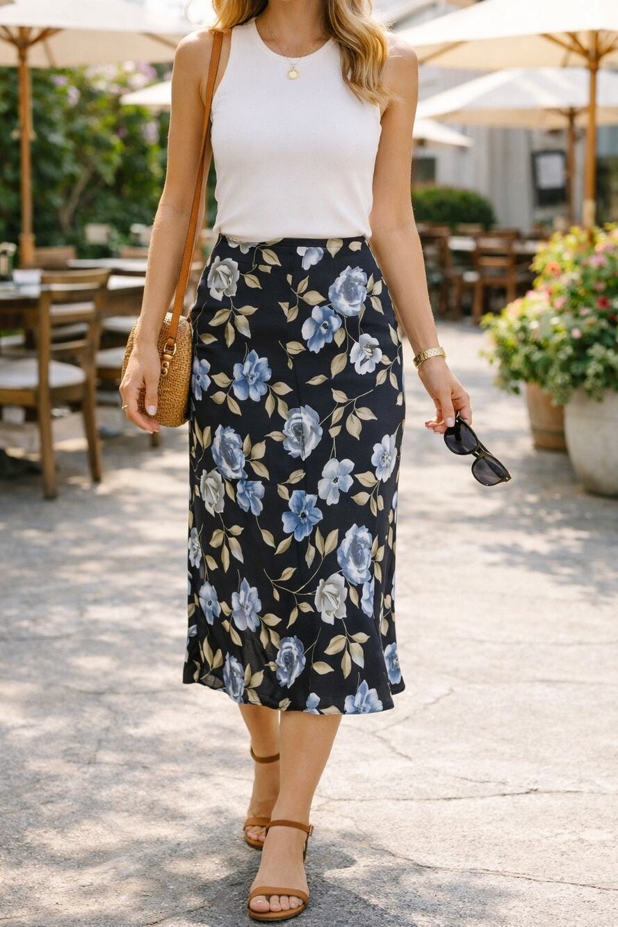 VTG 90s Petite Sophisticate Silk Midi Skirt - 6 Black Blue Floral Office Casual
